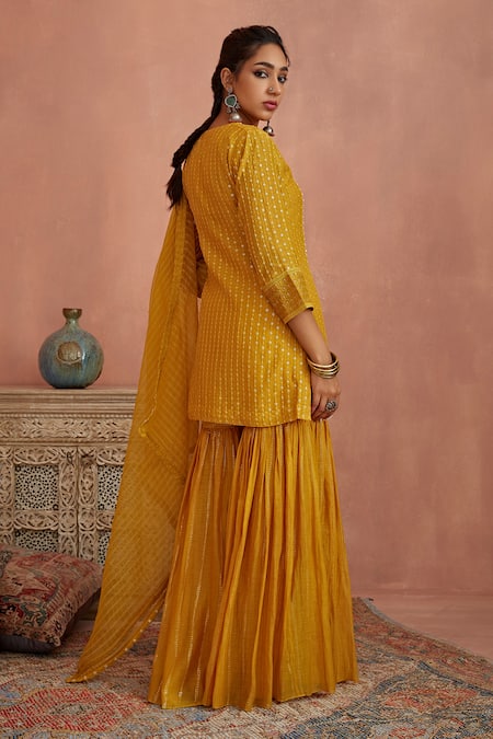 Kritika Dawar Yellow Chanderi, Organza Embroidery Keyhole Neck Kurta Gharara Set Online at Aza Fashions Kritika Dawar_Yellow Chanderi, Organza Embroidery Keyhole Neck Kurta Gharara Set _Online_at_Aza_Fashions