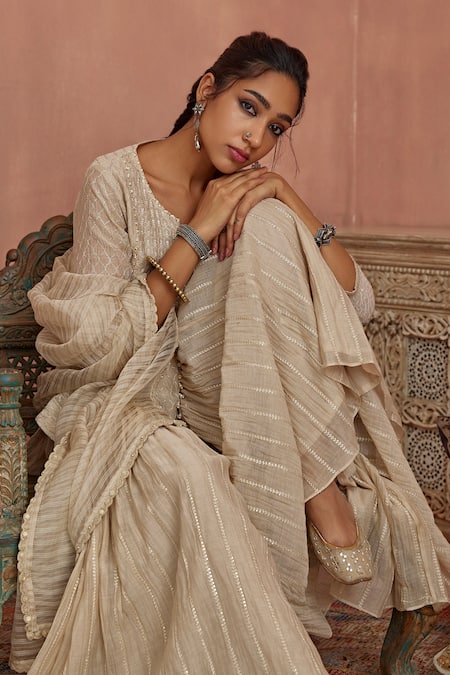 Buy Kritika Dawar Ivory Chanderi, Organza Embroidery Split V-neck Thread Kurta Gharara Set Online at Aza Fashions Buy_Kritika Dawar_Ivory Chanderi, Organza Embroidery Split V-neck Thread Kurta Gharara Set _Online_at_Aza_Fashions