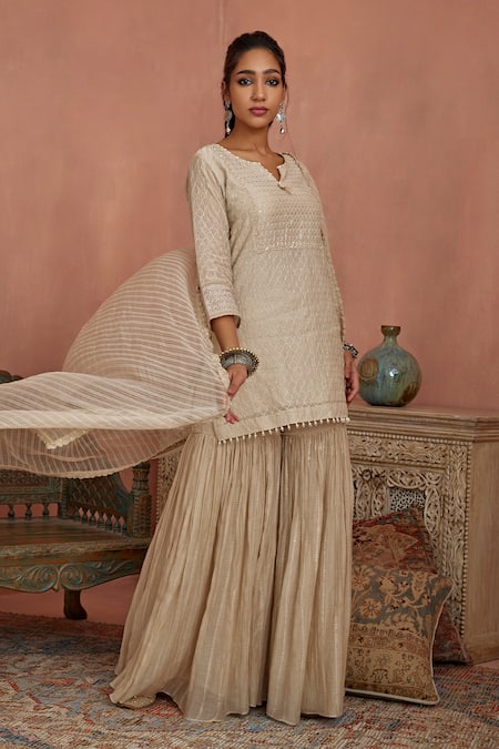 Shop Kritika Dawar Ivory Chanderi, Organza Embroidery Split V-neck Thread Kurta Gharara Set Online at Aza Fashions Shop_Kritika Dawar_Ivory Chanderi, Organza Embroidery Split V-neck Thread Kurta Gharara Set _Online_at_Aza_Fashions
