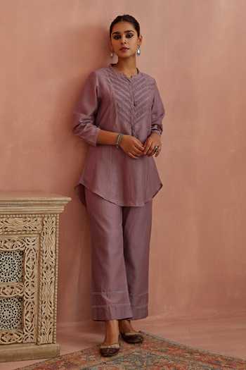 Kritika Dawar Purple Chanderi Embroidery Bandeau Neck Yoke Top And Pant Set Online at Aza Fashions Kritika Dawar_Purple Chanderi Embroidery Bandeau Neck Yoke Top And Pant Set _Online_at_Aza_Fashions