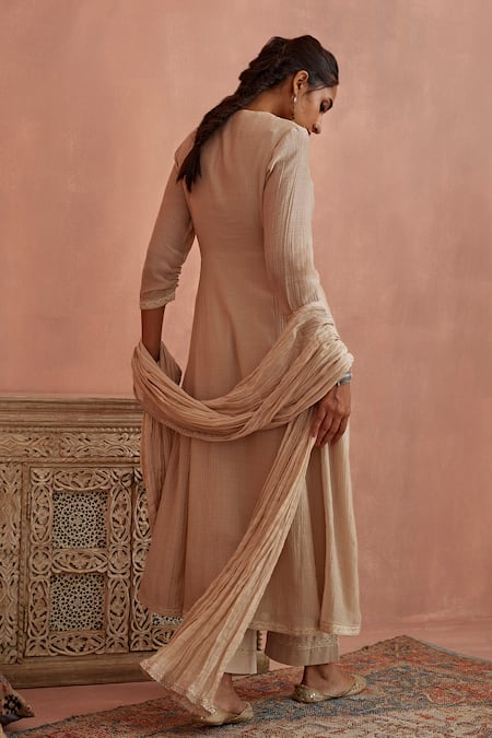 Shop Kritika Dawar Ivory Kota Doria, Chanderi, Cotton Placket Embroidered A-line Kurta Pant Set at Aza Fashions Shop_Kritika Dawar_Ivory Kota Doria, Chanderi, Cotton Placket Embroidered A-line Kurta Pant Set _at_Aza_Fashions