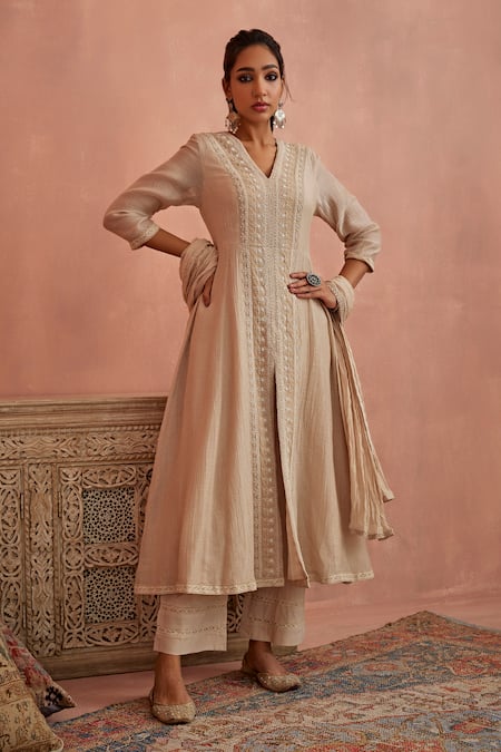Kritika Dawar Ivory Kota Doria, Chanderi, Cotton Placket Embroidered A-line Kurta Pant Set Online at Aza Fashions Kritika Dawar_Ivory Kota Doria, Chanderi, Cotton Placket Embroidered A-line Kurta Pant Set _Online_at_Aza_Fashions