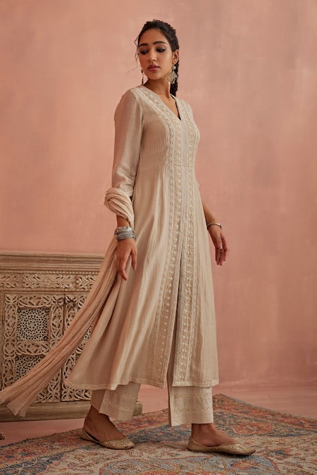 Buy Kritika Dawar Ivory Kota Doria, Chanderi, Cotton Placket Embroidered A-line Kurta Pant Set Online at Aza Fashions Buy_Kritika Dawar_Ivory Kota Doria, Chanderi, Cotton Placket Embroidered A-line Kurta Pant Set _Online_at_Aza_Fashions