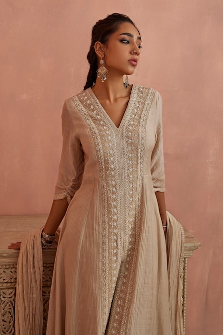Shop Kritika Dawar Ivory Kota Doria, Chanderi, Cotton Placket Embroidered A-line Kurta Pant Set Online at Aza Fashions Shop_Kritika Dawar_Ivory Kota Doria, Chanderi, Cotton Placket Embroidered A-line Kurta Pant Set _Online_at_Aza_Fashions