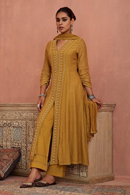 Buy Kritika Dawar Yellow Kota Doria, Chanderi, Cotton Pearls, Lace V-neck A-line Kurta Pant Set Online at Aza Fashions Buy_Kritika Dawar_Yellow Kota Doria, Chanderi, Cotton Pearls, Lace V-neck A-line Kurta Pant Set _Online_at_Aza_Fashions