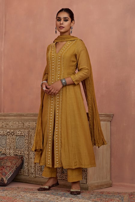 Shop Kritika Dawar Yellow Kota Doria, Chanderi, Cotton Pearls, Lace V-neck A-line Kurta Pant Set Online at Aza Fashions Shop_Kritika Dawar_Yellow Kota Doria, Chanderi, Cotton Pearls, Lace V-neck A-line Kurta Pant Set _Online_at_Aza_Fashions