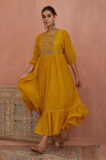 Buy_Kritika Dawar_Yellow Chanderi Embroidery Round Neck Yoke Tunic With Slip _Online_at_Aza_Fashions