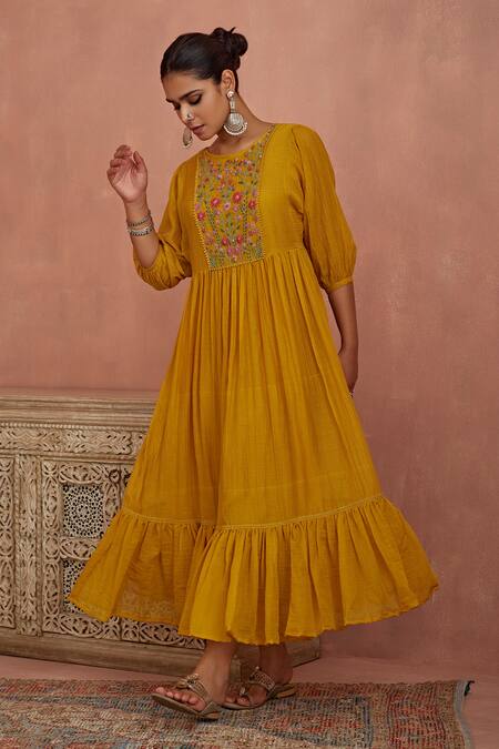 Shop_Kritika Dawar_Yellow Chanderi Embroidery Round Neck Yoke Tunic With Slip _Online_at_Aza_Fashions