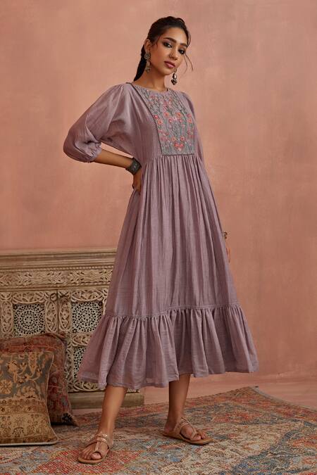 Kritika Dawar_Purple Chanderi Embroidery Round Neck Yoke Hand Tunic With Slip _Online_at_Aza_Fashions
