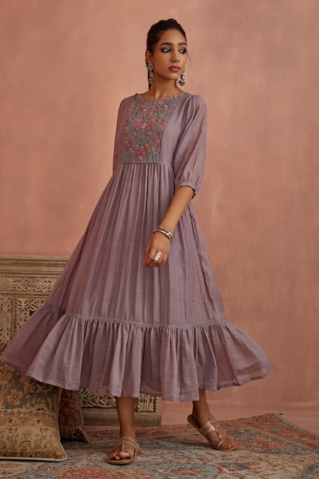 Shop_Kritika Dawar_Purple Chanderi Embroidery Round Neck Yoke Hand Tunic With Slip _Online_at_Aza_Fashions