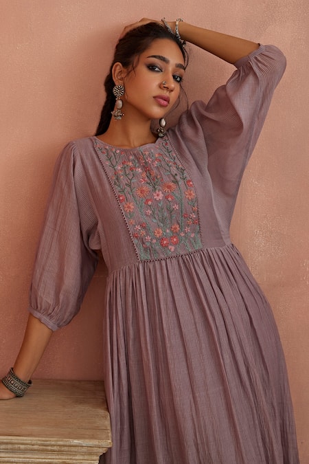 Kritika Dawar_Purple Chanderi Embroidery Round Neck Yoke Hand Tunic With Slip _at_Aza_Fashions