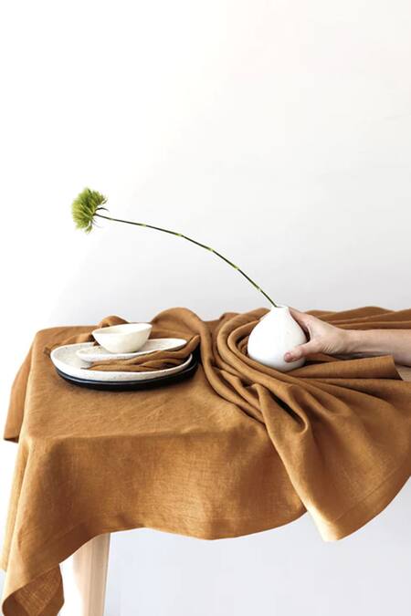 Shop_Thread Connect_Brown Pure Linen Rectangle Shaped Table Cloth_at_Aza_Fashions