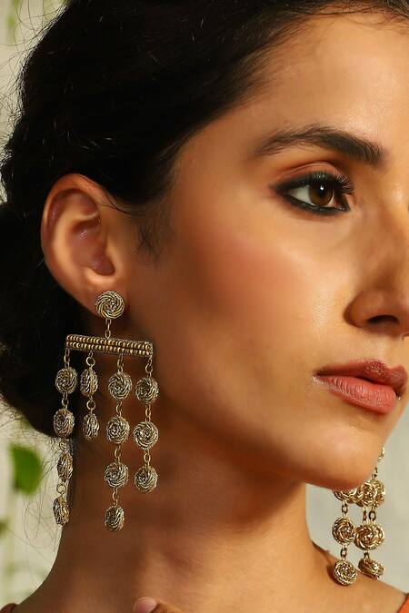 Charkhee_Gold Plated Beads, Tassels Embellished Earrings_Online_at_Aza_Fashions