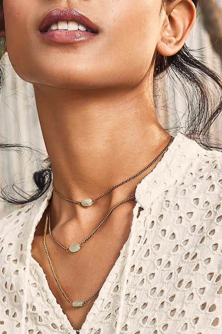 Charkhee_Gold Plated Emerald Embellished Layered Necklace_Online_at_Aza_Fashions