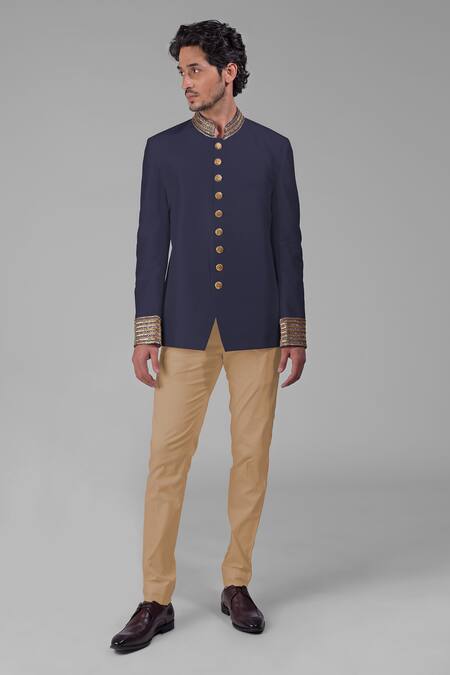 Talking Threads_Blue Silk Embroidered Cutdana Bandhgala Set _Online_at_Aza_Fashions