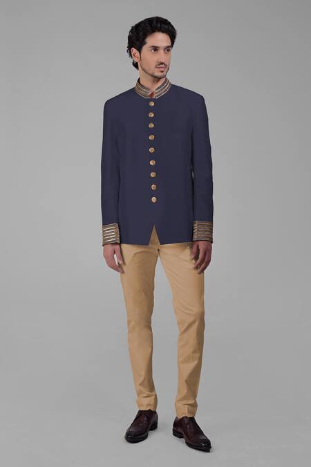 Buy_Talking Threads_Blue Silk Embroidered Cutdana Bandhgala Set _Online_at_Aza_Fashions