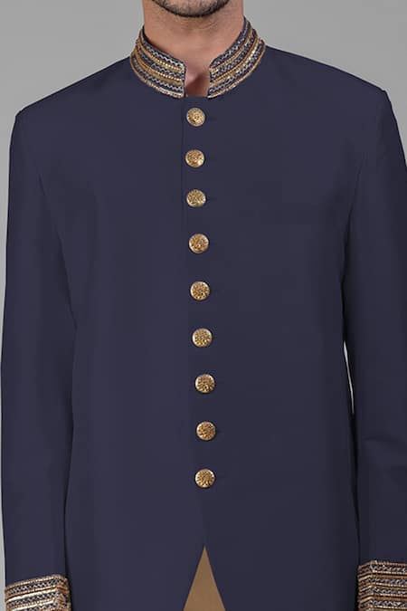 Shop_Talking Threads_Blue Silk Embroidered Cutdana Bandhgala Set _Online_at_Aza_Fashions