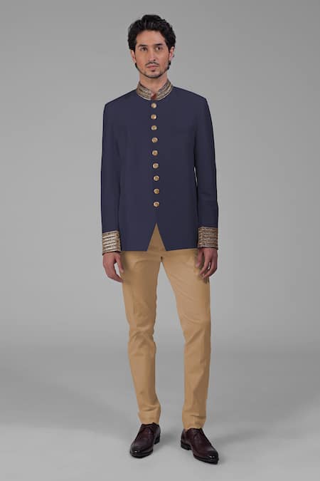 Talking Threads_Blue Silk Embroidered Cutdana Bandhgala Set _at_Aza_Fashions