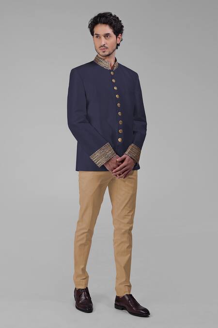 Buy_Talking Threads_Blue Silk Embroidered Cutdana Bandhgala Set 