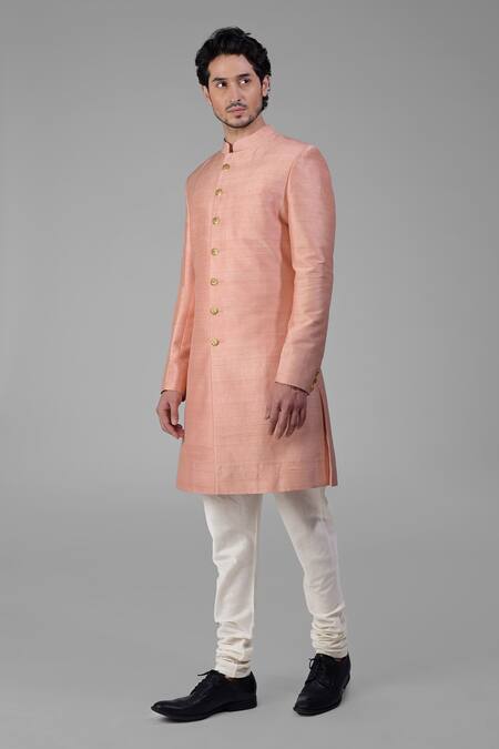 Talking Threads_Peach Silk Solid Sherwani Churidar Set  _Online_at_Aza_Fashions
