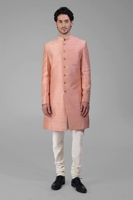Buy_Talking Threads_Peach Silk Solid Sherwani Churidar Set  _Online_at_Aza_Fashions