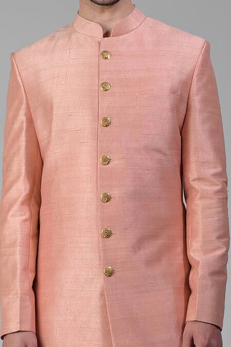 Shop_Talking Threads_Peach Silk Solid Sherwani Churidar Set  _Online_at_Aza_Fashions