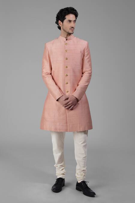 Buy_Talking Threads_Peach Silk Solid Sherwani Churidar Set  