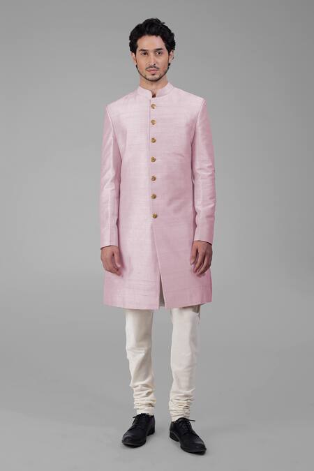 Talking Threads_Pink Silk Solid Plain Sherwani Churidar Set  _Online_at_Aza_Fashions