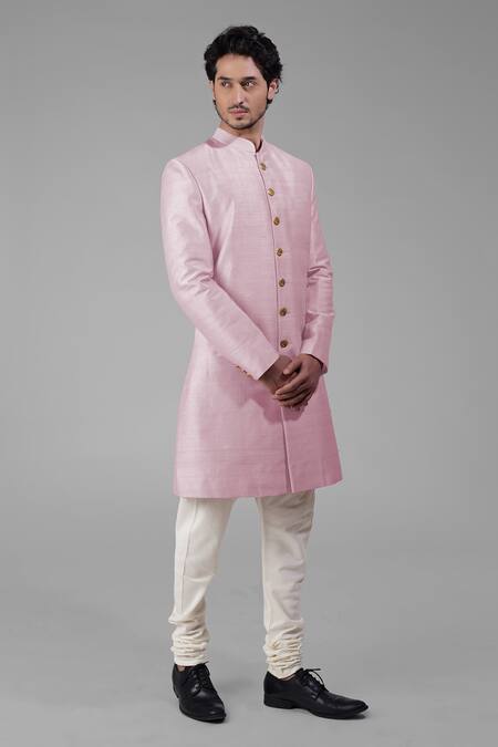 Shop_Talking Threads_Pink Silk Solid Plain Sherwani Churidar Set  _Online_at_Aza_Fashions