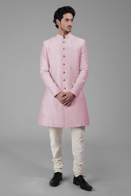 Talking Threads_Pink Silk Solid Plain Sherwani Churidar Set  _at_Aza_Fashions