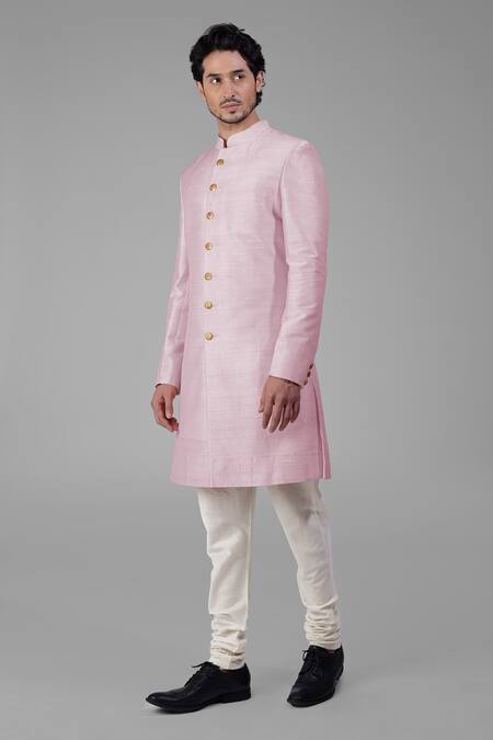 Buy_Talking Threads_Pink Silk Solid Plain Sherwani Churidar Set  