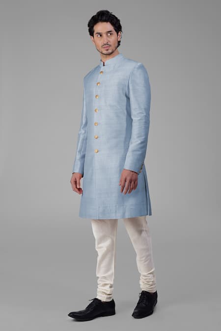 Talking Threads_Blue Silk Solid Straight Sherwani Churidar Set  _Online_at_Aza_Fashions