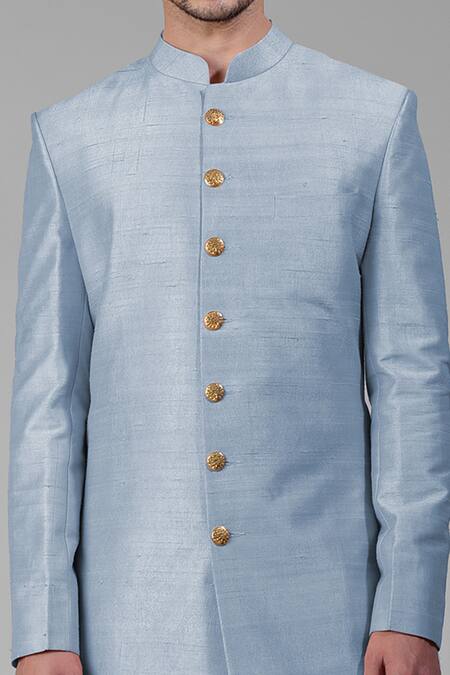 Shop_Talking Threads_Blue Silk Solid Straight Sherwani Churidar Set  _Online_at_Aza_Fashions