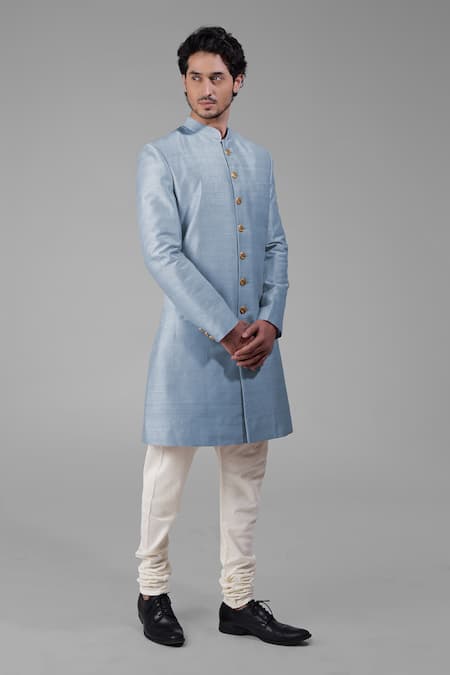 Talking Threads_Blue Silk Solid Straight Sherwani Churidar Set  _at_Aza_Fashions