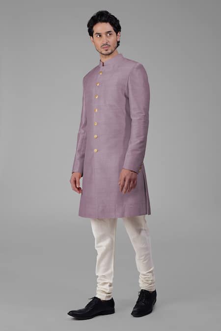 Talking Threads_Purple Silk Solid Sherwani Churidar Set  _Online_at_Aza_Fashions