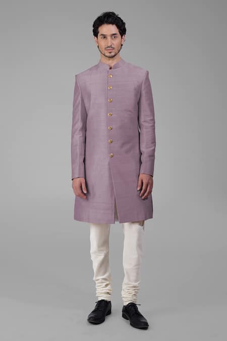 Shop_Talking Threads_Purple Silk Solid Sherwani Churidar Set  _Online_at_Aza_Fashions