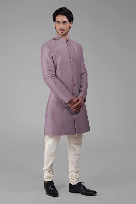 Talking Threads_Purple Silk Solid Sherwani Churidar Set  _at_Aza_Fashions