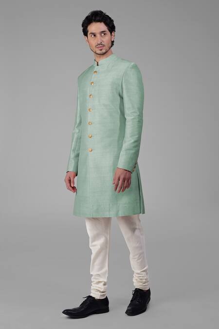Talking Threads_Green Silk Solid Gossamer Sherwani Set _Online_at_Aza_Fashions
