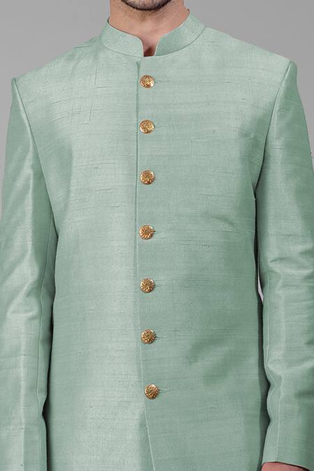 Buy_Talking Threads_Green Silk Solid Gossamer Sherwani Set _Online_at_Aza_Fashions
