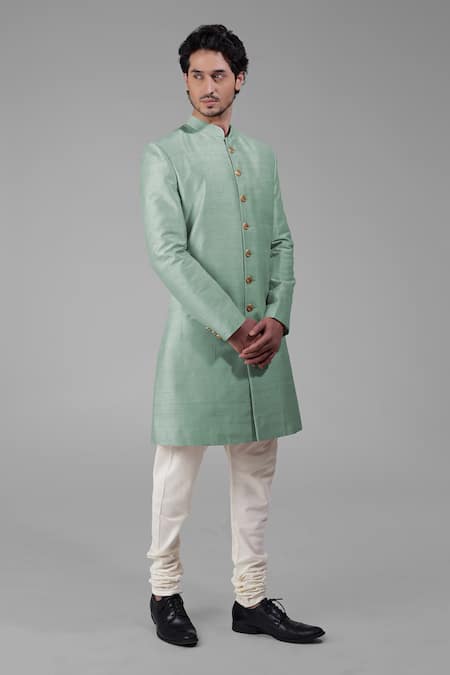 Talking Threads_Green Silk Solid Gossamer Sherwani Set _at_Aza_Fashions
