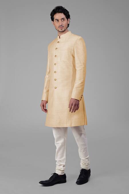 Talking Threads_Gold Silk Solid Plain Sherwani Churidar Set  _Online_at_Aza_Fashions