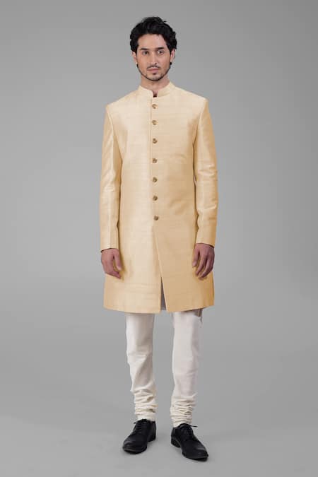 Shop_Talking Threads_Gold Silk Solid Plain Sherwani Churidar Set  _Online_at_Aza_Fashions
