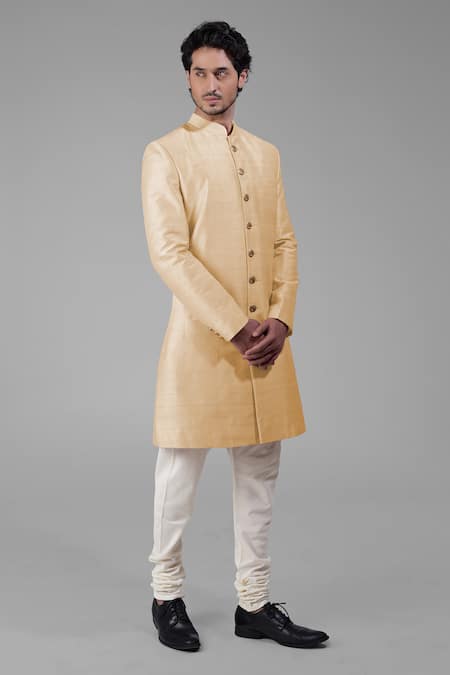 Talking Threads_Gold Silk Solid Plain Sherwani Churidar Set  _at_Aza_Fashions