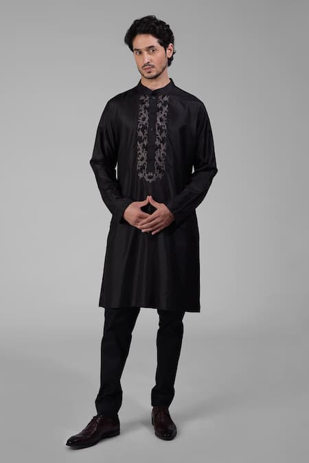 Talking Threads Black Silk Embroidered Floral Placket Kurta  