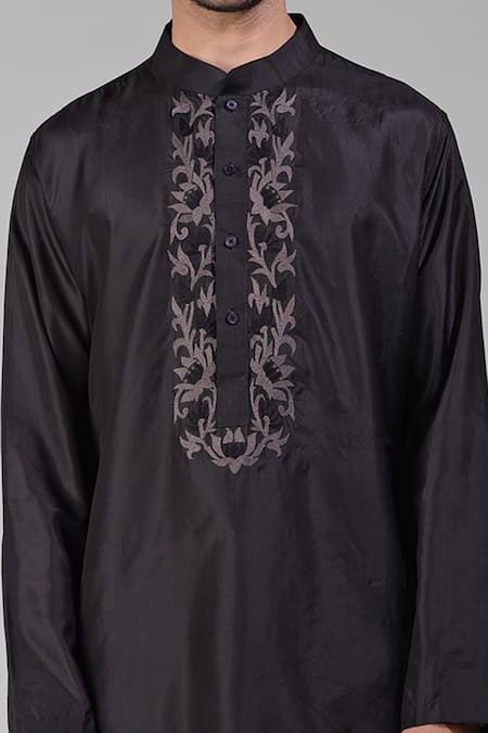 Talking Threads Black Silk Embroidered Floral Placket Kurta Online at Aza Fashions Talking Threads_Black Silk Embroidered Floral Placket Kurta _Online_at_Aza_Fashions