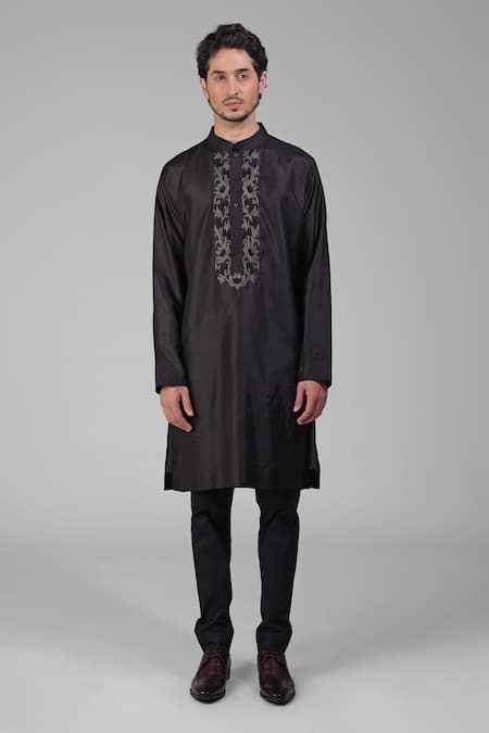 Buy Talking Threads Black Silk Embroidered Floral Placket Kurta Online at Aza Fashions Buy_Talking Threads_Black Silk Embroidered Floral Placket Kurta _Online_at_Aza_Fashions
