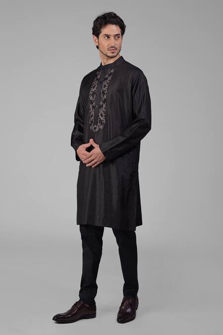 Shop Talking Threads Black Silk Embroidered Floral Placket Kurta Online at Aza Fashions Shop_Talking Threads_Black Silk Embroidered Floral Placket Kurta _Online_at_Aza_Fashions