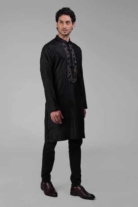 Talking Threads Black Silk Embroidered Floral Placket Kurta at Aza Fashions Talking Threads_Black Silk Embroidered Floral Placket Kurta _at_Aza_Fashions