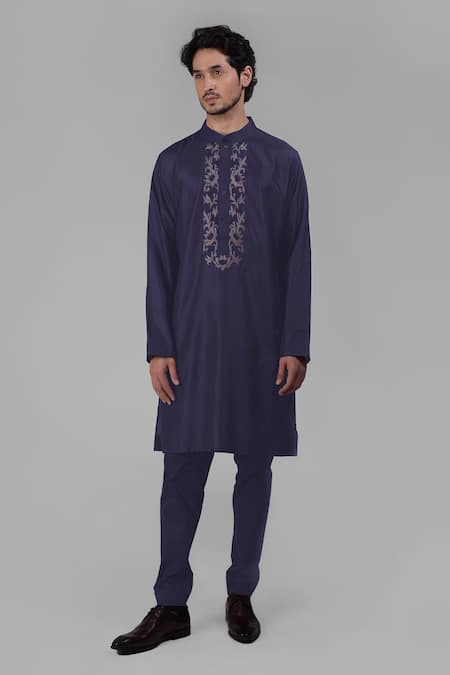 Talking Threads Blue Silk Embroidered Floral Placket Kurta  