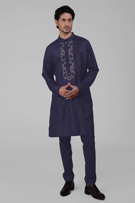 Talking Threads Blue Silk Embroidered Floral Placket Kurta Online at Aza Fashions Talking Threads_Blue Silk Embroidered Floral Placket Kurta _Online_at_Aza_Fashions